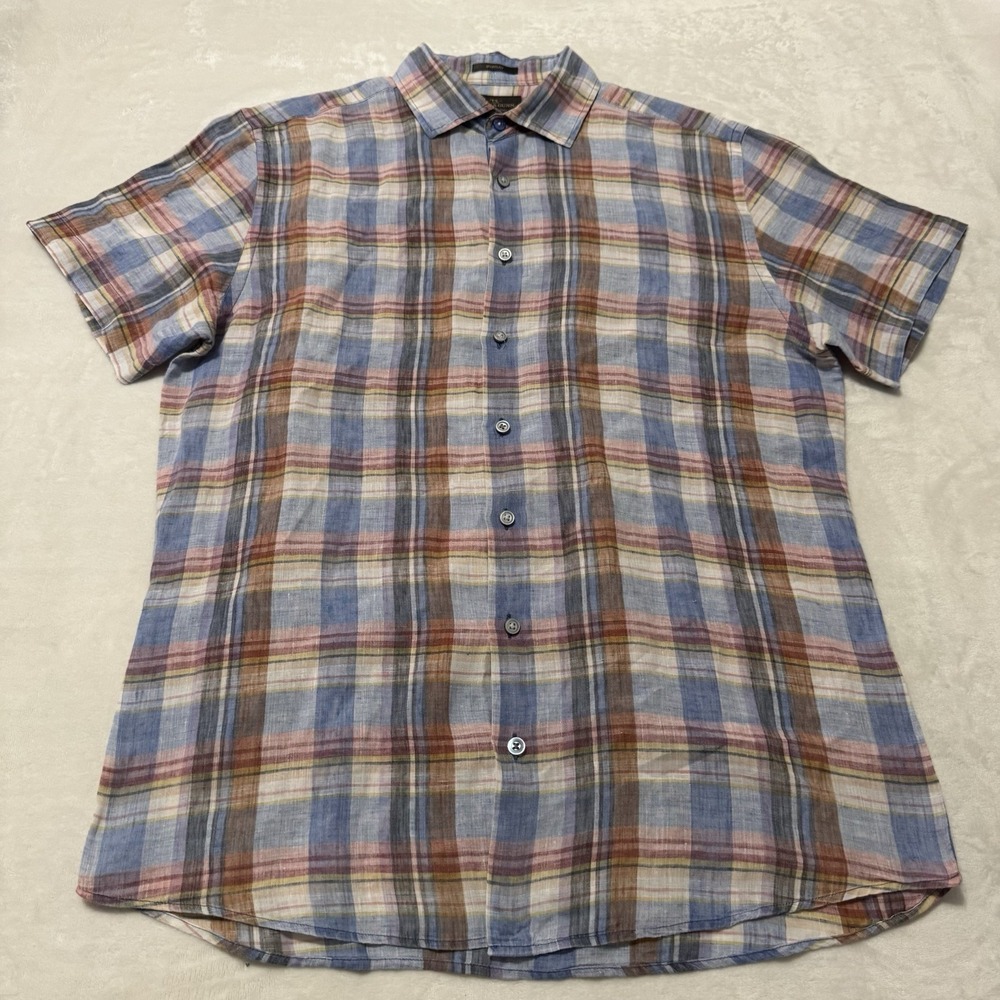 Rodd & Gunn Linen Shirt Men Large Plaid Blue Pink Short Sleeve Button Up